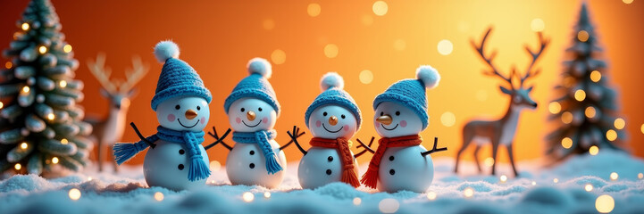 Four snowmen with blue hats and reindeer in a snowy forest
