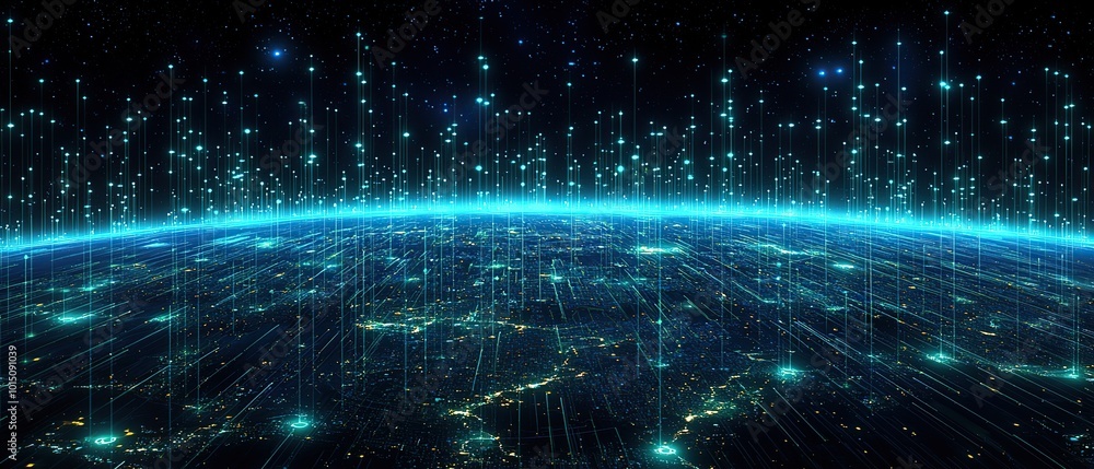 Poster futuristic abstract image of the earth with glowing lines and dots representing global connectivity.