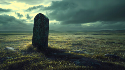 A single gravestone stands alone in an empty field, casting a long, solitary shadow beneath a darkened, moody sky. The desolate landscape emphasizes the isolation of the grave.