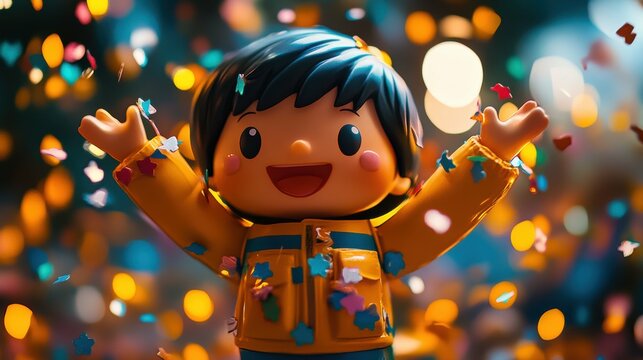 Cut Toy character celebrating a special occasion, their joyful expression and the vibrant, festive decorations radiating a sense of celebration and delight
