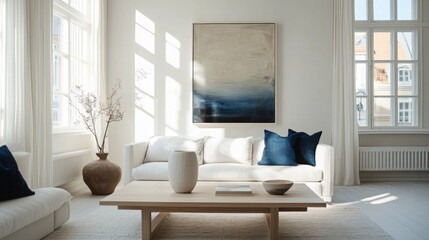 The spacious living room has a white sofa with blue pillows, a light wooden coffee table, and an abstract painting, all bathed in soft natural light from large windows.