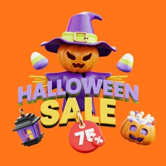 3D Halloween Sale 75 percent on orange background for instagram post