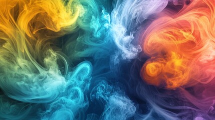 Fototapeta premium A vibrant abstract composition featuring colorful smoke swirls in shades of orange, yellow, blue, and purple.