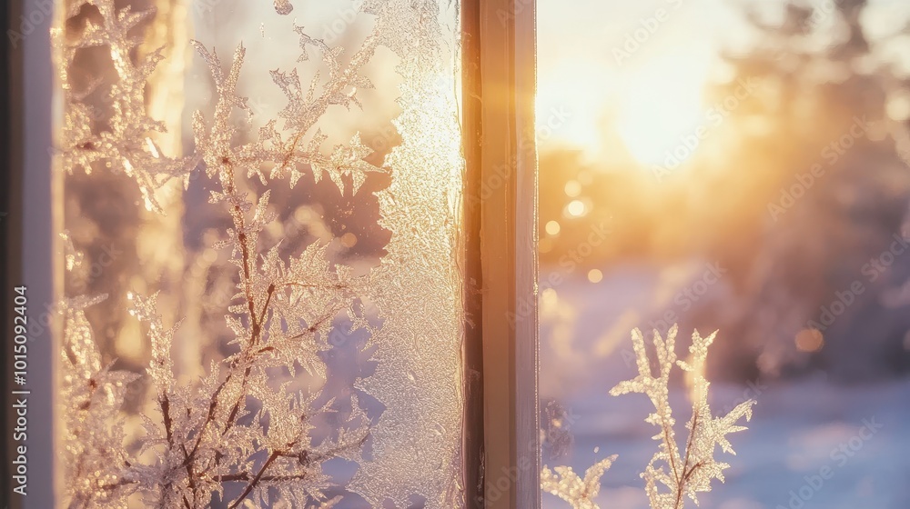 Poster intricate ice patterns on frosted window panes