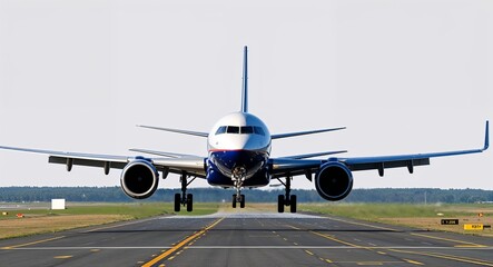 Obraz premium Commercial jetliner landing with runway in sight on a plain white background.