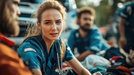 Emergency medical technicians (EMTs) providing first aid to victims at the site of a vehicle accident, with a focus on their professionalism and urgency