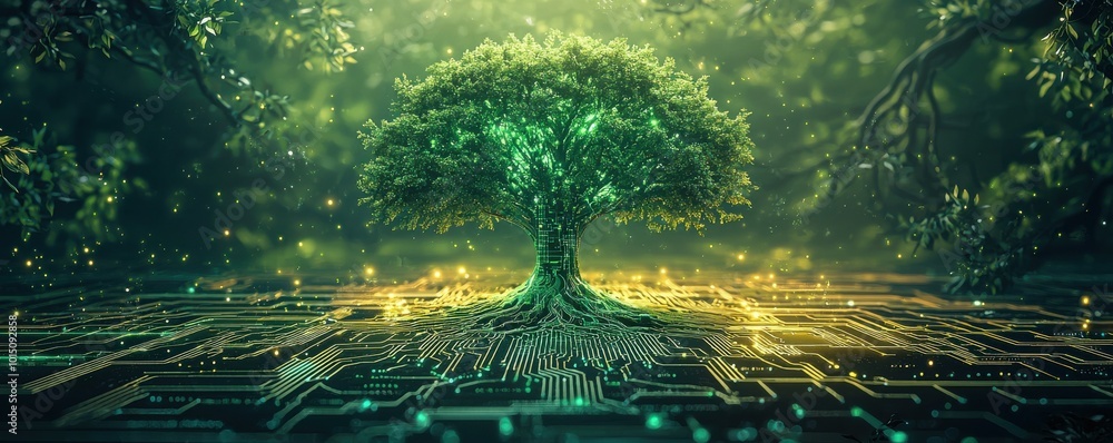 Poster digital tree of life flourishing over a futuristic circuit board, symbolizing the fusion of nature a