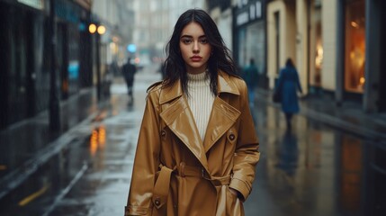 Obraz premium Woman In Brown Trench Coat Walking in City