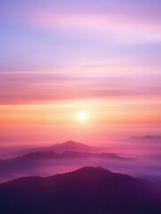 Obraz premium Mountain peaks landscape in pink morning sunlight