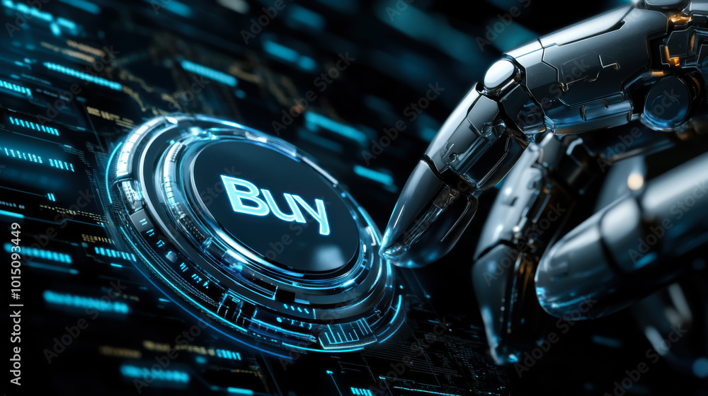 Poster a robotic hand poised over a glowing buy button on a futuristic digital interface signifying online 