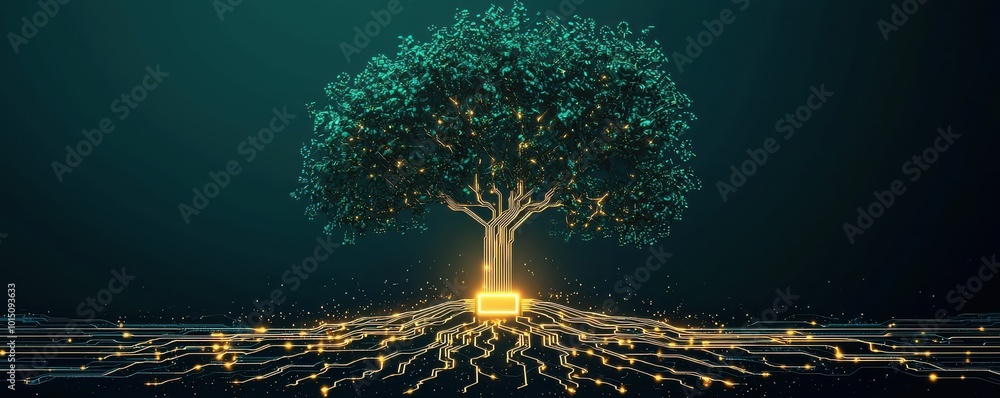 Poster circuit board tree logo visualizing the concept of technology and nature integration with glowing di