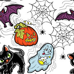 Halloween seamless pattern with pumpkin, ghost, bat. Decoration for party celebration, fabric print. textile design, backdrop and background, wrapping paper, scrapbooking. Hand drawn cartoon character