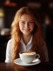 Young woman portrait with big cappuccino cup
