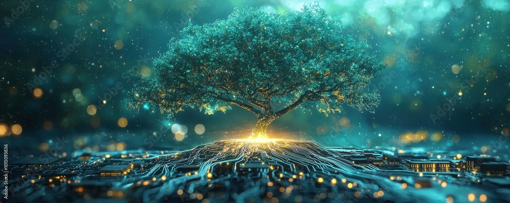 Poster digital representation of a tree growing from a circuit board with luminous technology connections, 