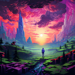 Fototapeta premium Pixel art characters exploring a glitchy landscape
