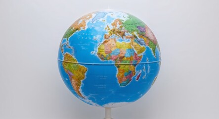Fototapeta premium Earth globe showing oceans and continents on a plain white background.