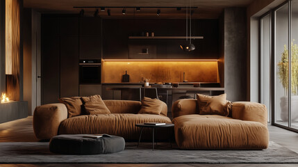 Nowoczesne wnętrze emanuje elegancją i przytulnością. W centralnej części pokoju znajduje się stylowa sofa w neutralnych kolorach, otoczona miękkimi poduszkami.