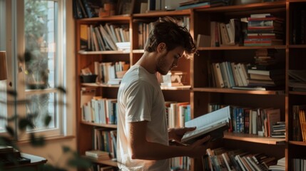 A Man Reading a Book in a Library with Sunlight Streaming Through a Window