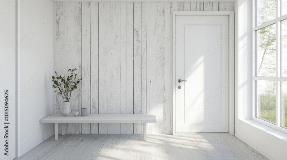 Aufkleber a bright entryway features white wooden walls and a simple bench, with a vase of flowers adding a to
