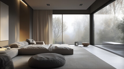 Obraz premium Nowoczesne wnętrze emanuje elegancją i przytulnością. W centralnej części pokoju znajduje się stylowa sofa w neutralnych kolorach, otoczona miękkimi poduszkami.