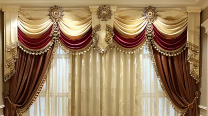 Elegant burgundy and gold curtains with valance and tassels.