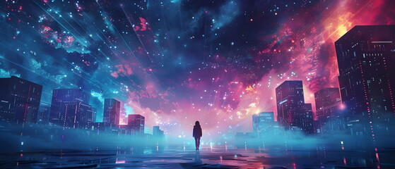 Curious Minds: A captivating portrait of children gazing into a mesmerizing futuristic display, their faces illuminated by a vibrant and abstract digital world.  