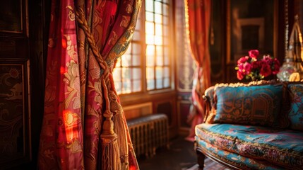 Fototapeta premium Sunlight streams through a window in a luxurious room, illuminating opulent red curtains, a blue sofa, and a vase of pink roses.
