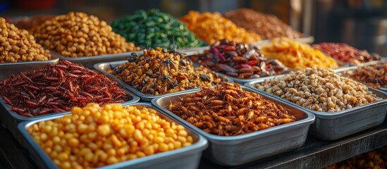 A variety of snacks in metal containers at a street food market.