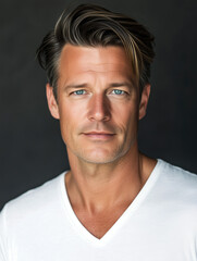 Fototapeta premium 35 year old man with medium-length, dark blond hair wearing a white V neck t-shirt. 