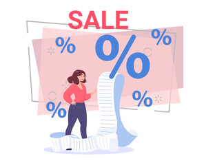 Cartoon woman checking long bill vector illustration. Female character with shopping list in big paper scroll. Percentage marks on background. Sale, payment, shopping concept for banner design