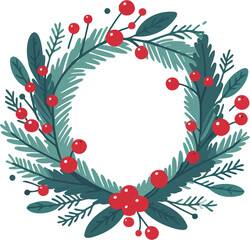 Festive holiday wreath with pine branches and red berries in circular design