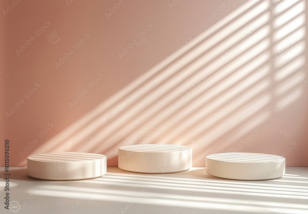 Poster minimal abstract background with three round platforms in soft light and shadow pattern