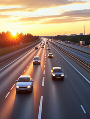 Obraz premium Car traffic on highway road on dusk sunset time