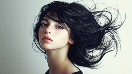 Fototapeta premium Portrait of a woman with flowing black hair against a light background, exuding elegance and grace. Perfect for beauty and fashion themes.