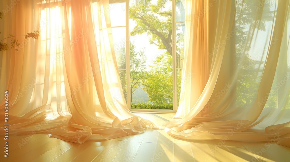 Poster sunlight streams through sheer curtains, illuminating a room with warm golden light. the open window
