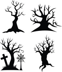 Four distinct black silhouette illustrations of bare, spooky trees, ideal for Halloween designs.