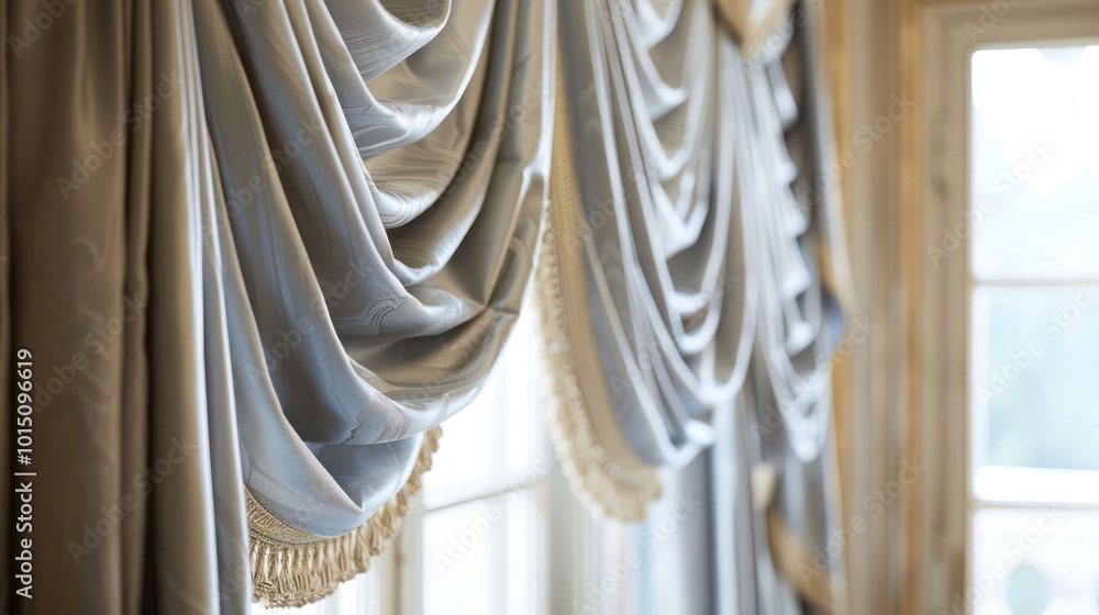 Poster close-up of elegant silver curtains with beige trim, hanging in a window with soft light filtering t