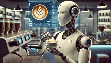 humanoid droid barista making coffee in a futuristic cafe backgrounds