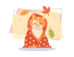 Cute cat wrapping in blanket and sleeping vector illustration. Cartoon domestic animal character at home. Leaves on abstract background. Autumn or fall, pet concept