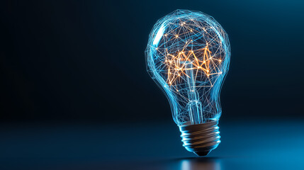 A digital light bulb with interconnected lines and a glowing core, highlighting themes of creativity, modern technology, and futuristic innovation