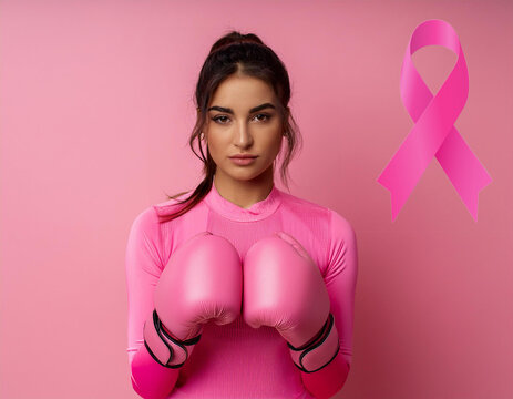 Mujer posando con el lazo de lucha contra el cancer de mama como s&iacute;mbolo de esperanza, fortaleza y uni&oacute;n, en la lucha colectiva contra el c&aacute;ncer de mama y la fuerza del coraje femenino