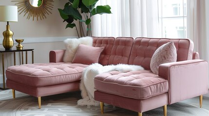 Rose pink velvet sofa with chaise longue and golden leg accents, featuring a sunburst mirror, gold lamp, and large plant in a cozy living room setting.