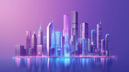 Fototapeta premium A photorealistic rendering of a futuristic cityscape, featuring towering skyscrapers, advanced technology, and sleek transportation systems, set against a gradient background transitioning from deep r