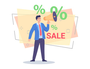 Man with megaphone reporting promotion in shop. Male character in business suit offering discount vector illustration. Percentage marks on background. Sale, shopping, advertising concept for banner
