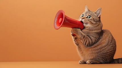 cat  holding  megaphone. screaming, Promotion, action, holiday, ad, job questions. Vacancy. Business discount concept, communication, information, news, team media