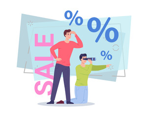 Men searching for discount or special offers vector illustration. Male characters looking through binocular. Percentage marks on background. Sale, shopping concept for banner design