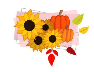 Sunflowers, pumpkins and autumn leaves vector illustration on abstract background. Cartoon drawing for banner design. Autumn or fall, harvest, Thanksgiving concept