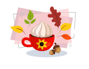Red mug with autumn drink vector illustration. Cartoon drawing for banner design. Acorns and leaves on abstract background. Autumn or fall, beverage, coffee break, breakfast concept