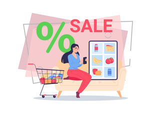 Shopping cart near girl ordering food via mobile app. Tablet on sofa with different food products on screen vector illustration. Delivery service, online store, sale concept for banner design