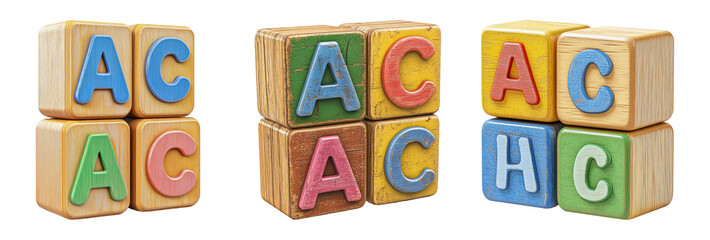 Wooden letter blocks in multiple colors isolated on transparent background